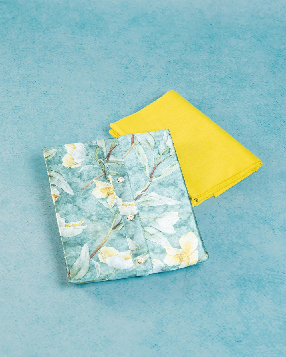 Elegant Sage Green & Mustard Yellow Floral Printed Chudi Material