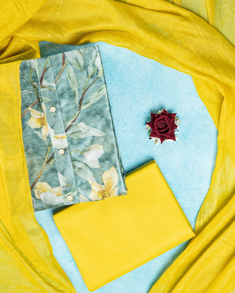 Elegant Sage Green & Mustard Yellow Floral Printed Chudi Material