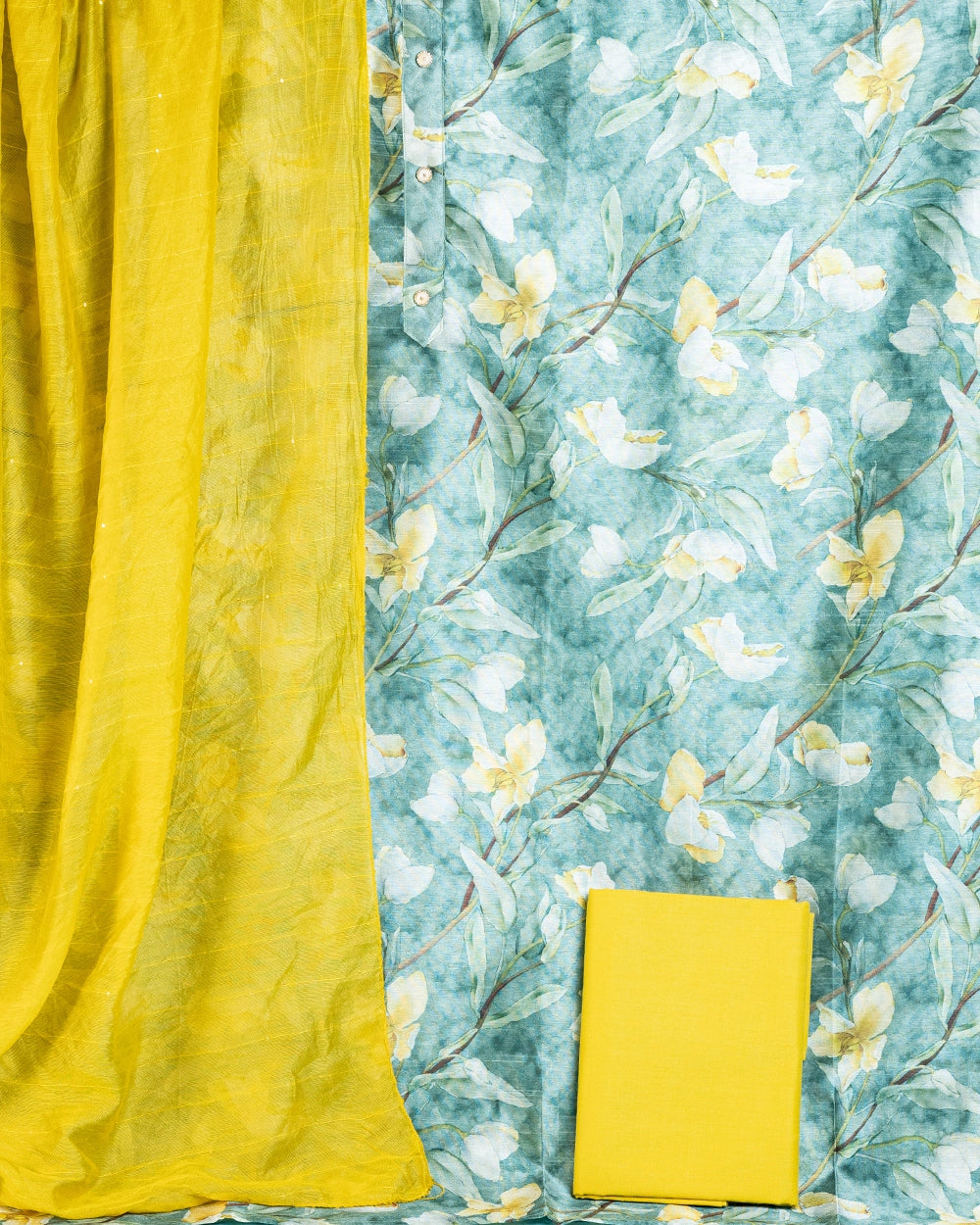 Elegant Sage Green & Mustard Yellow Floral Printed Chudi Material