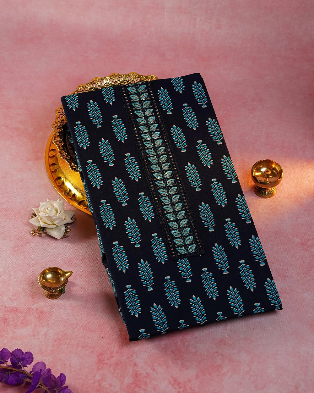 Elegant Navy Blue & Teal Printed Chudi Material