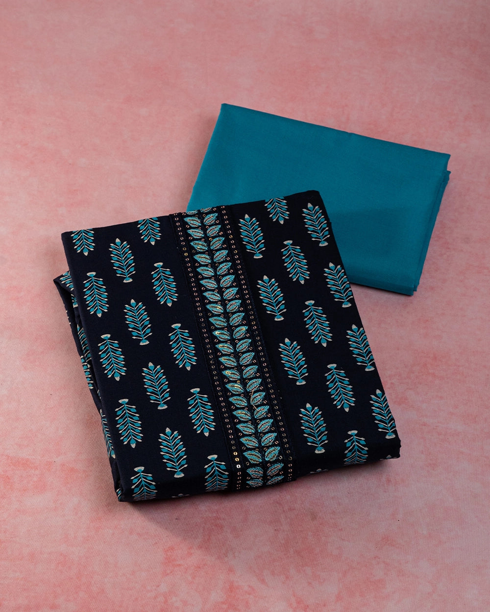 Elegant Navy Blue & Teal Printed Chudi Material