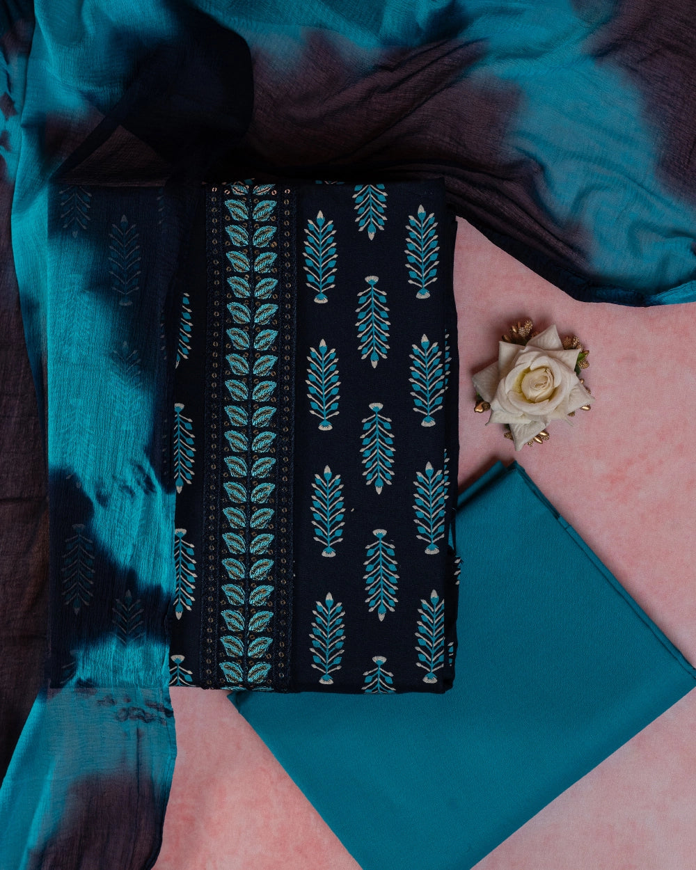 Elegant Navy Blue & Teal Printed Chudi Material