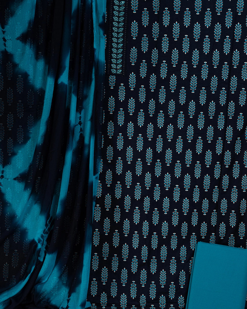 Elegant Navy Blue & Teal Printed Chudi Material