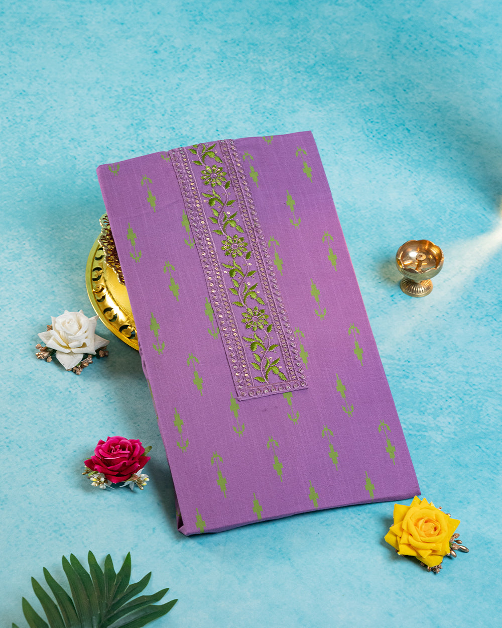 Elegant Lavender & Lime Green Embroidered Chudi Material