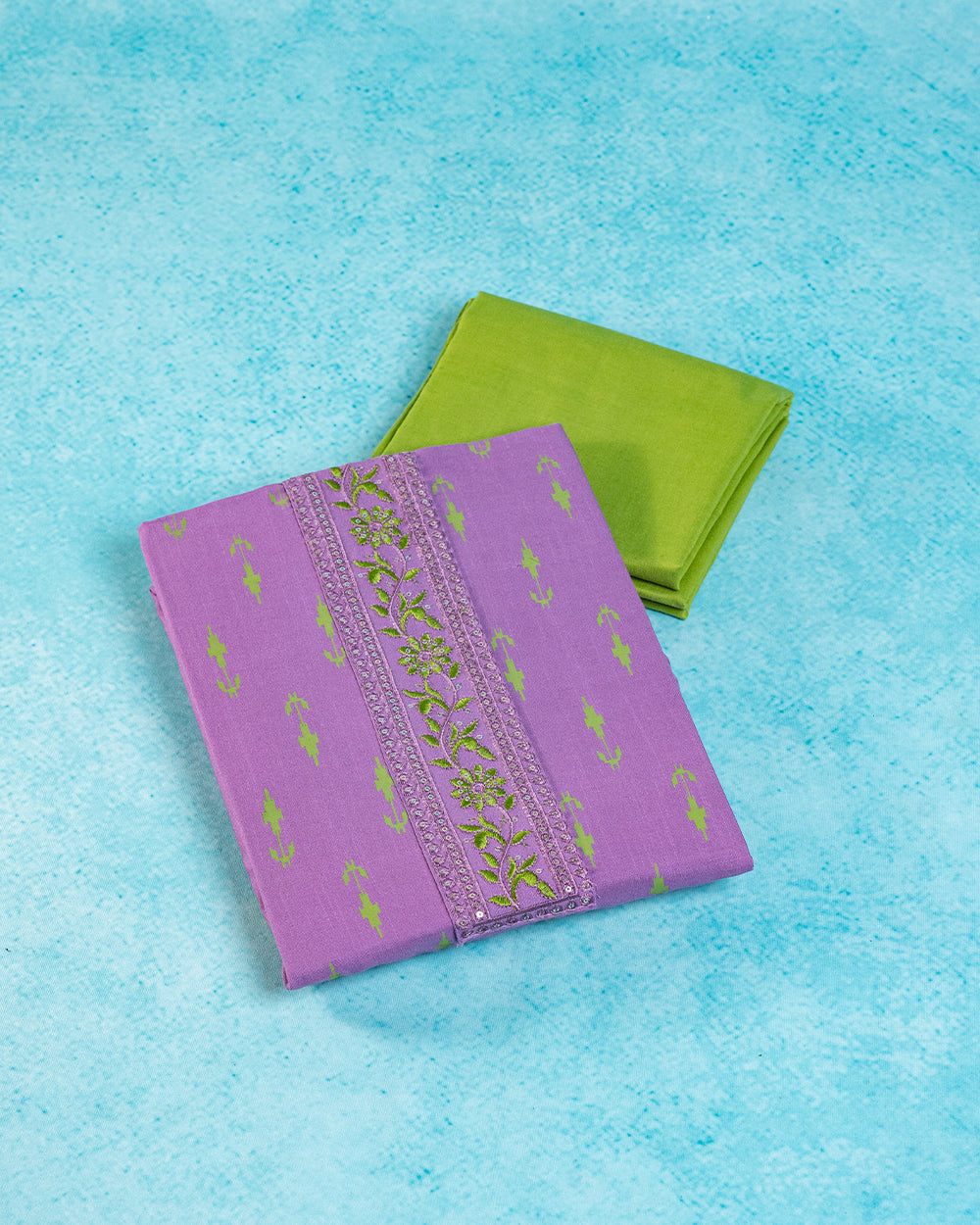 Elegant Lavender & Lime Green Embroidered Chudi Material