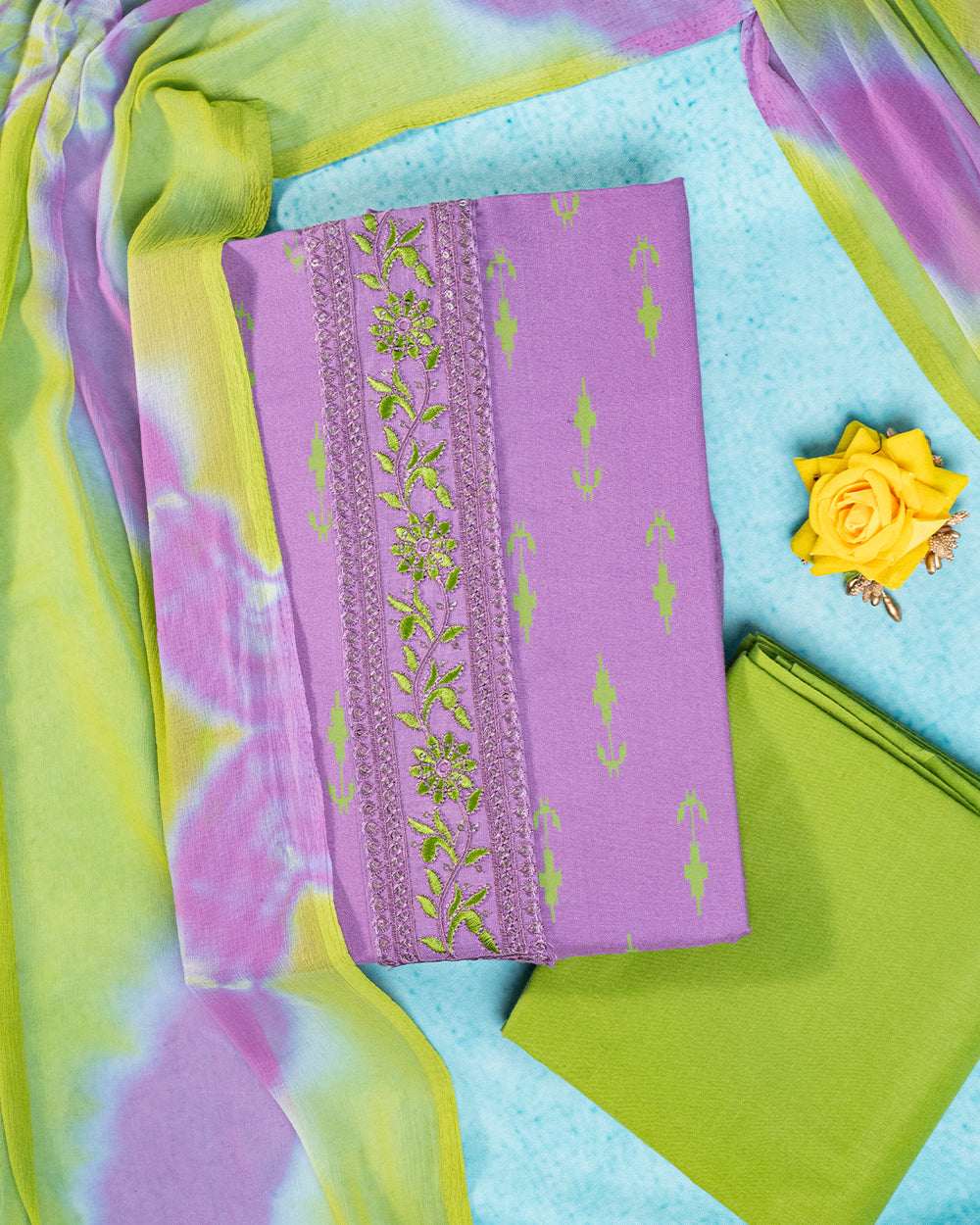 Elegant Lavender & Lime Green Embroidered Chudi Material