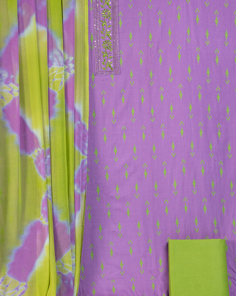 Elegant Lavender & Lime Green Embroidered Chudi Material