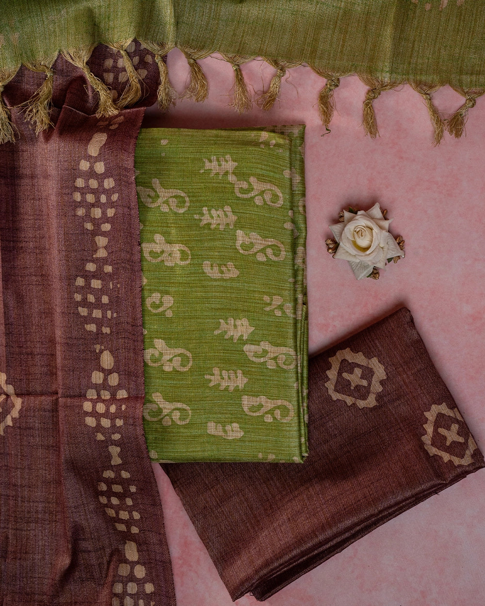Elegant Olive Green & Maroon Printed Chudi Material