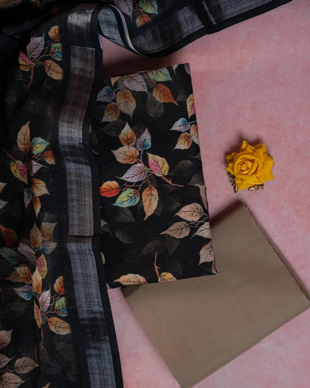 Elegant Black & Multicolour Floral Printed Chudi Material