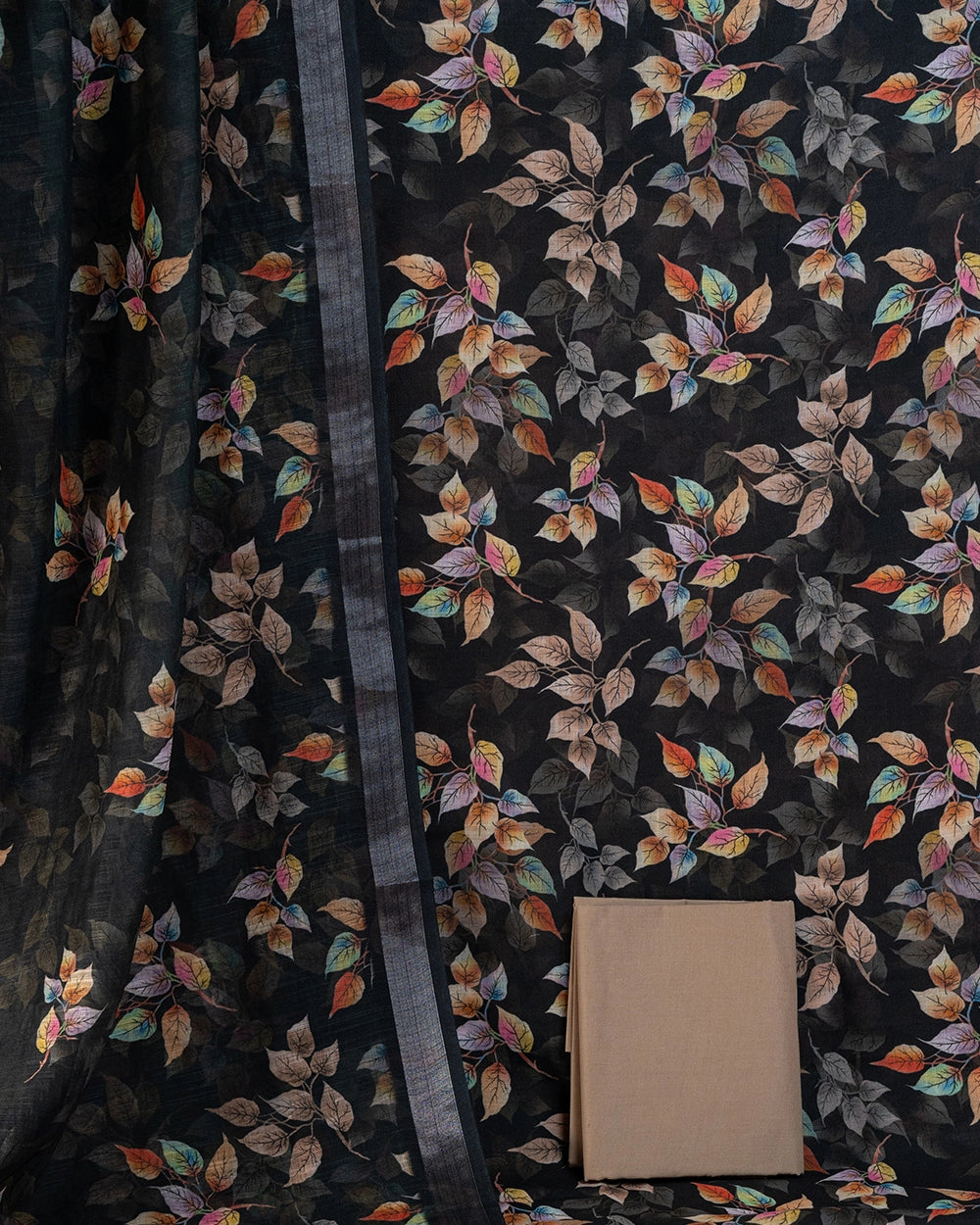 Elegant Black & Multicolour Floral Printed Chudi Material