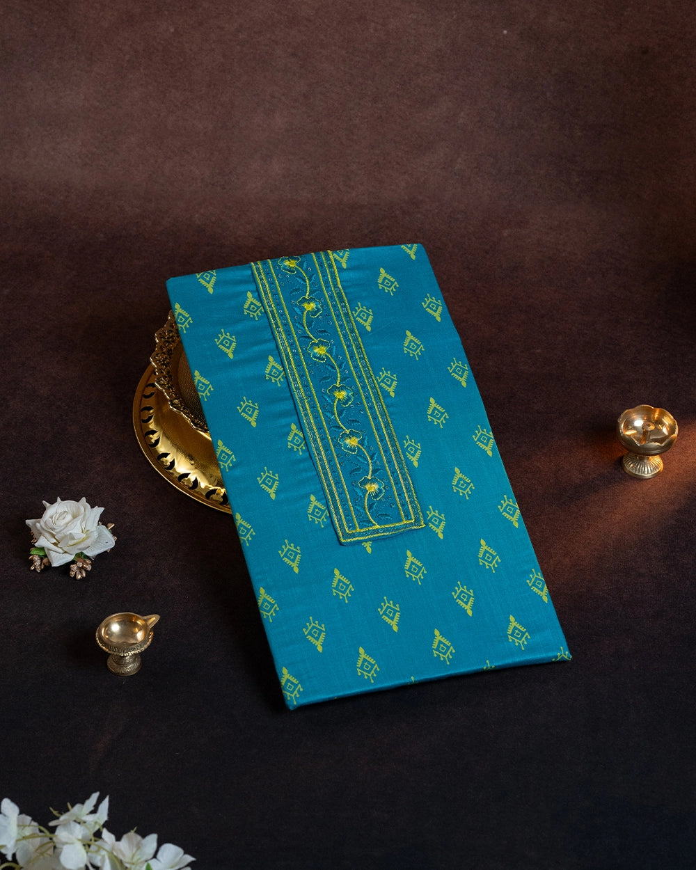 Elegant Teal Blue & Lime Green Printed Chudi Material
