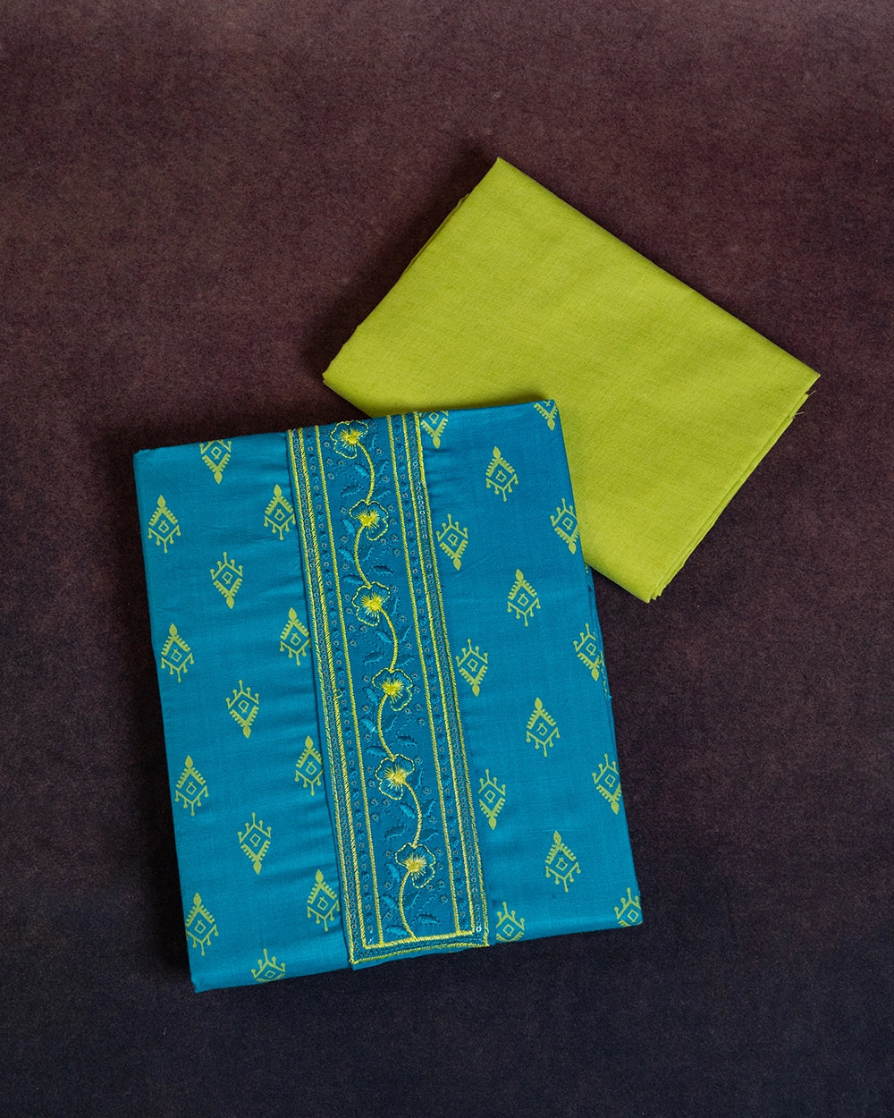 Elegant Teal Blue & Lime Green Printed Chudi Material