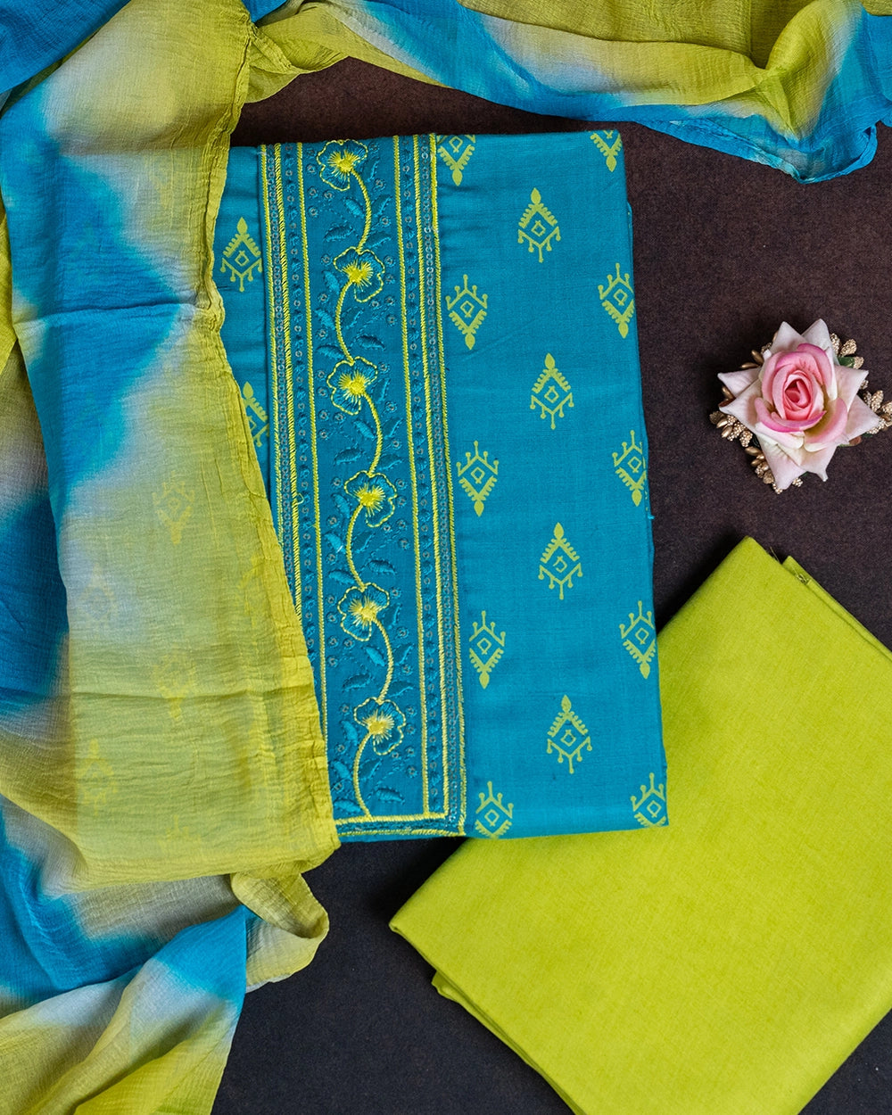 Elegant Teal Blue & Lime Green Printed Chudi Material
