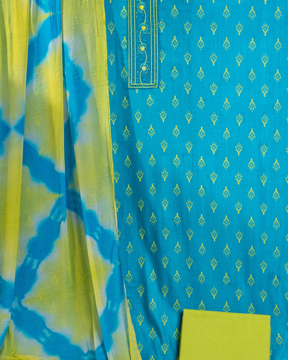 Elegant Teal Blue & Lime Green Printed Chudi Material
