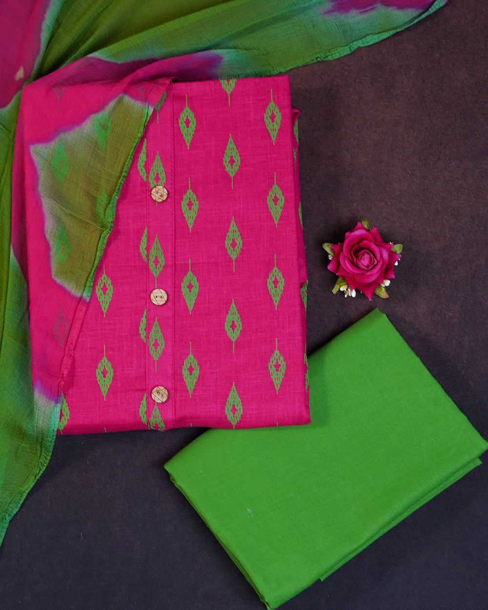 Elegant Pink & Green Printed Chudi Material