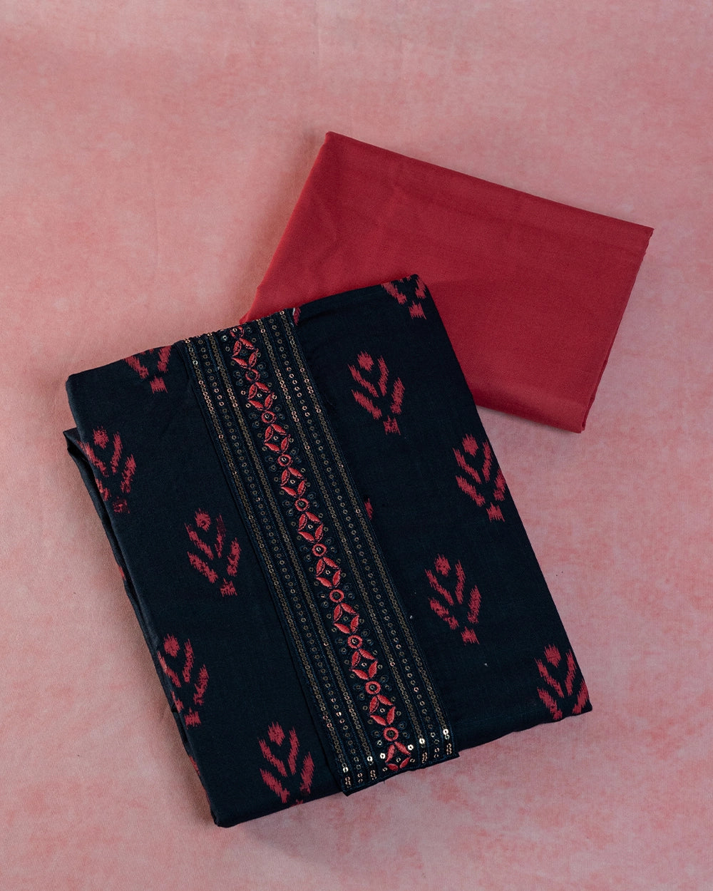 Elegant Navy Blue & Red Printed Chudi Material