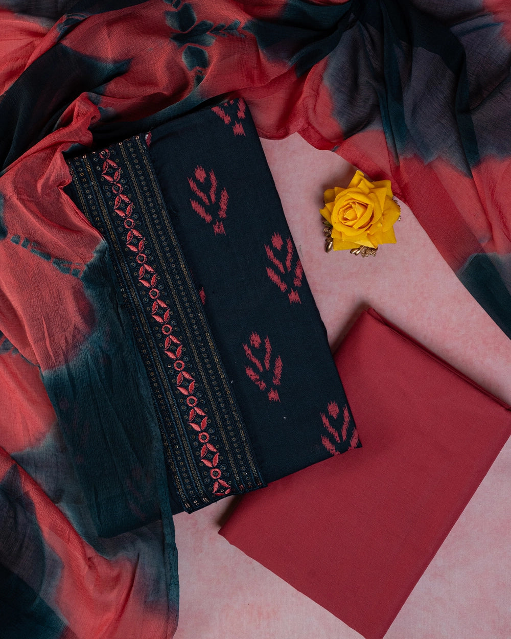 Elegant Navy Blue & Red Printed Chudi Material