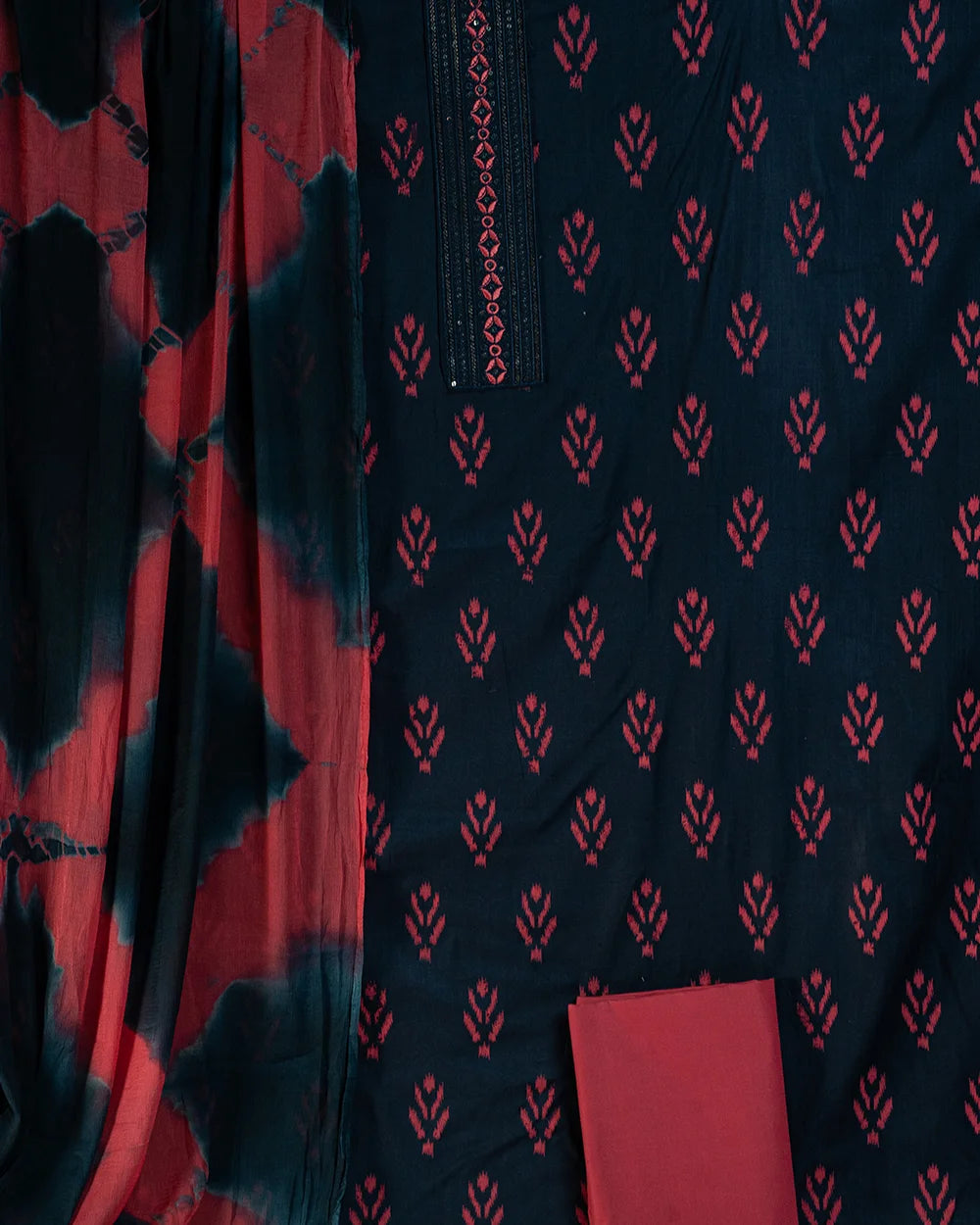 Elegant Navy Blue & Red Printed Chudi Material