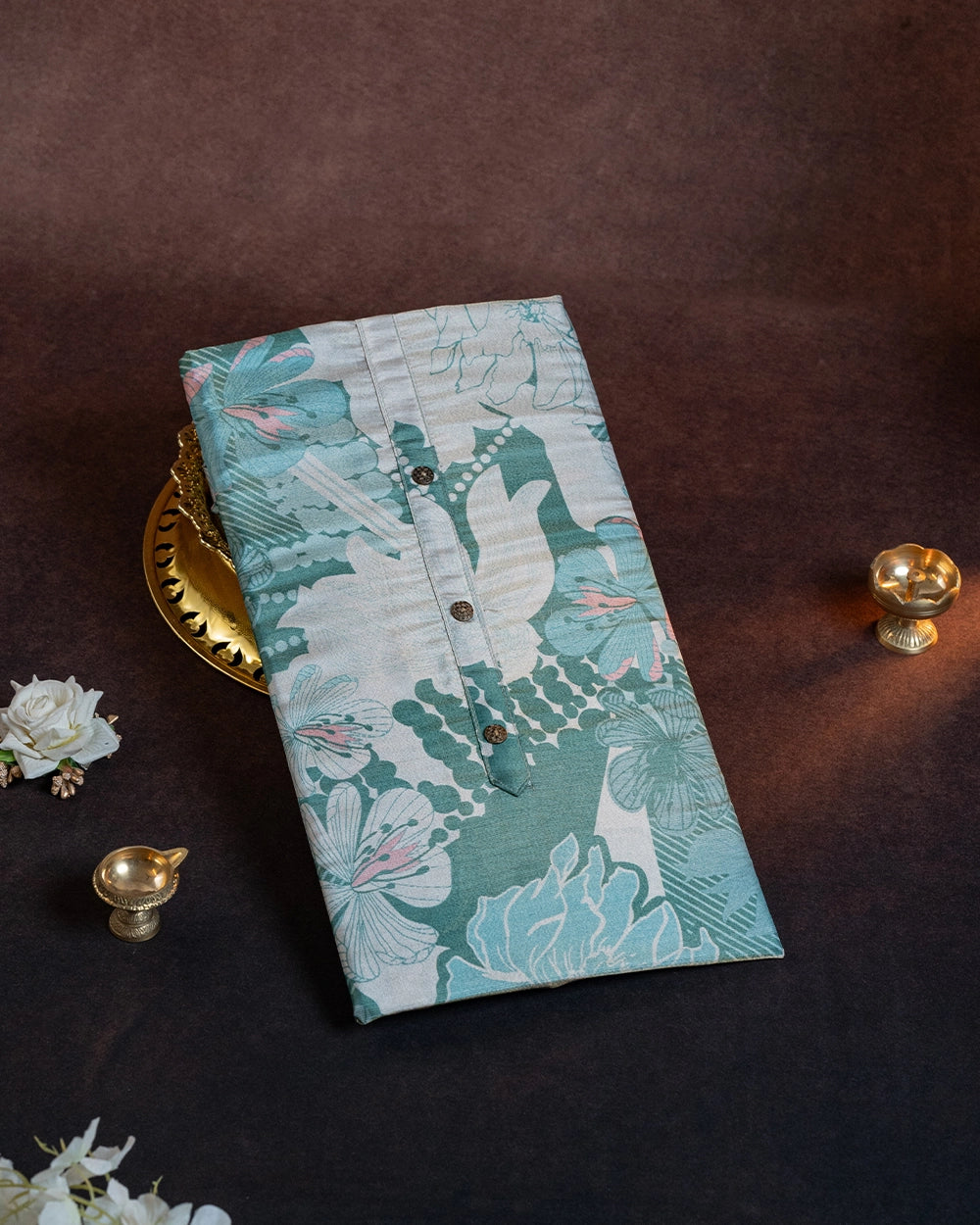 Elegant White &Dark Green Floral Printed Chudi Material
