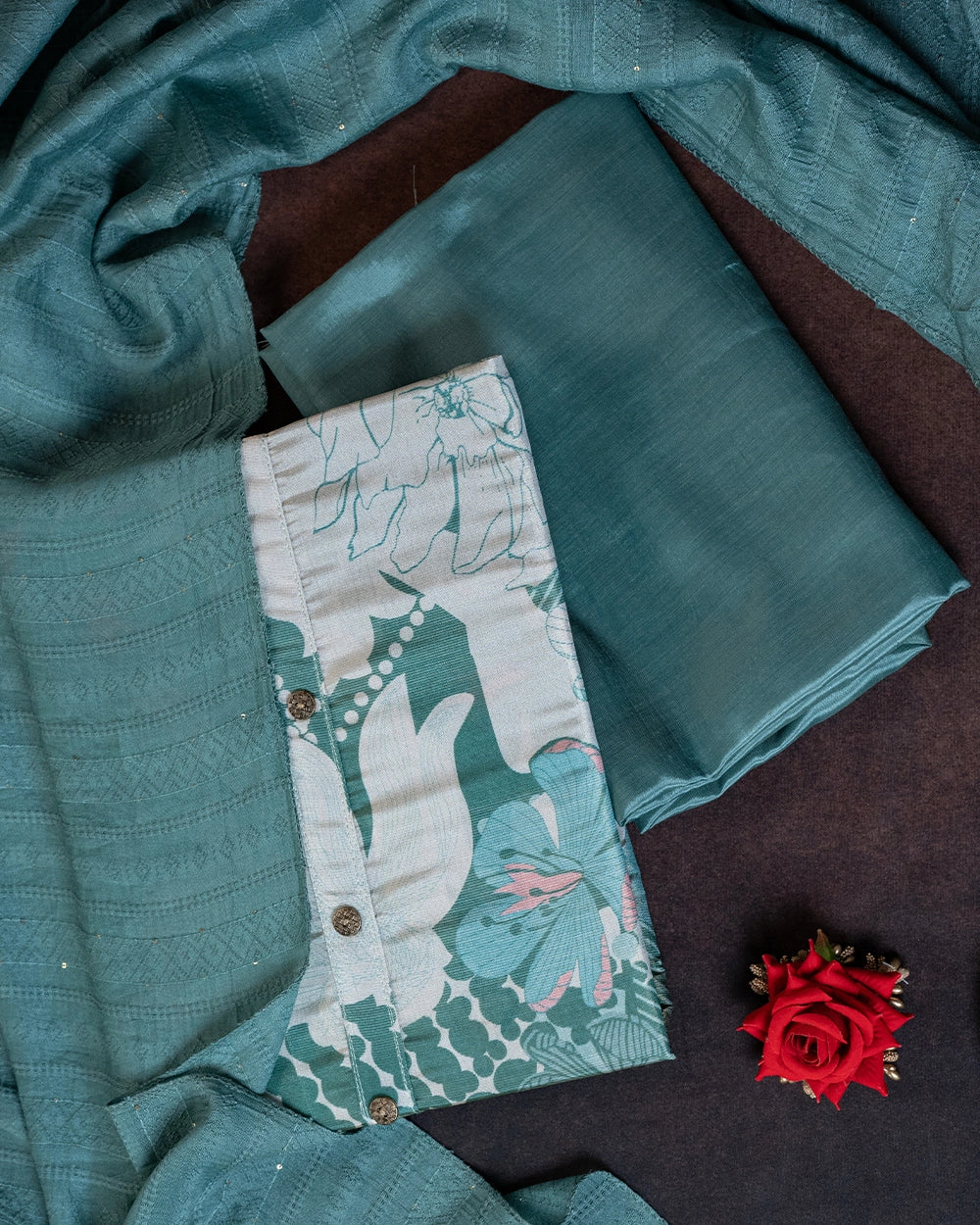 Elegant White &Dark Green Floral Printed Chudi Material