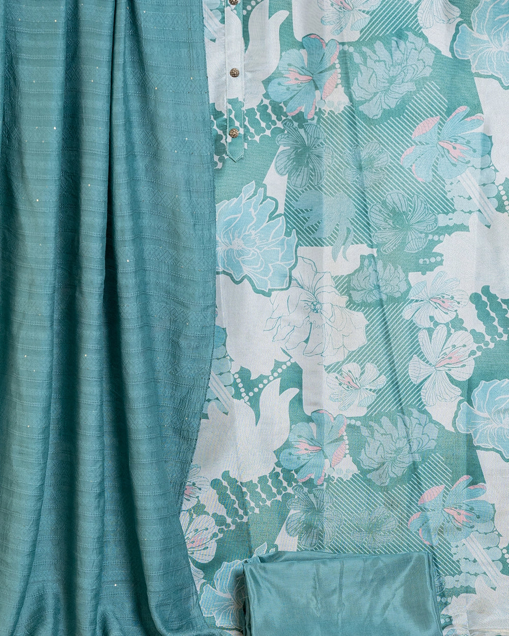 Elegant White &Dark Green Floral Printed Chudi Material