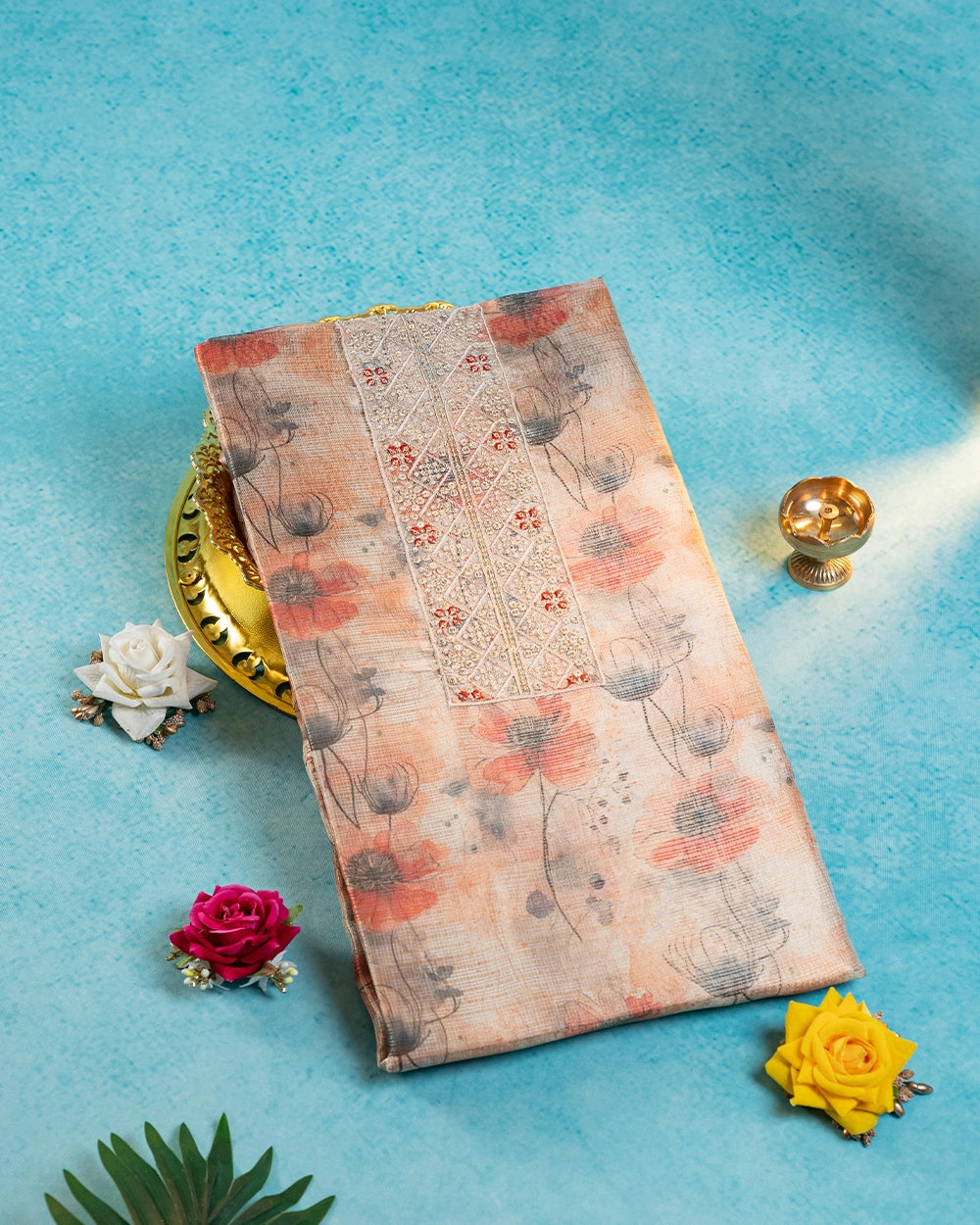 Elegant Peach & Red Printed  Chudi Material