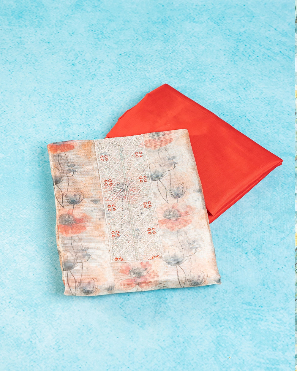 Elegant Peach & Red Printed  Chudi Material