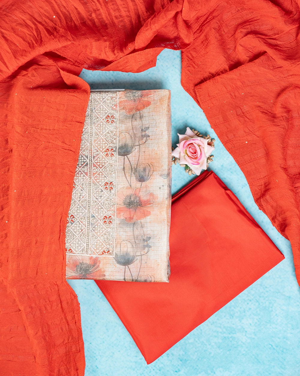 Elegant Peach & Red Printed  Chudi Material