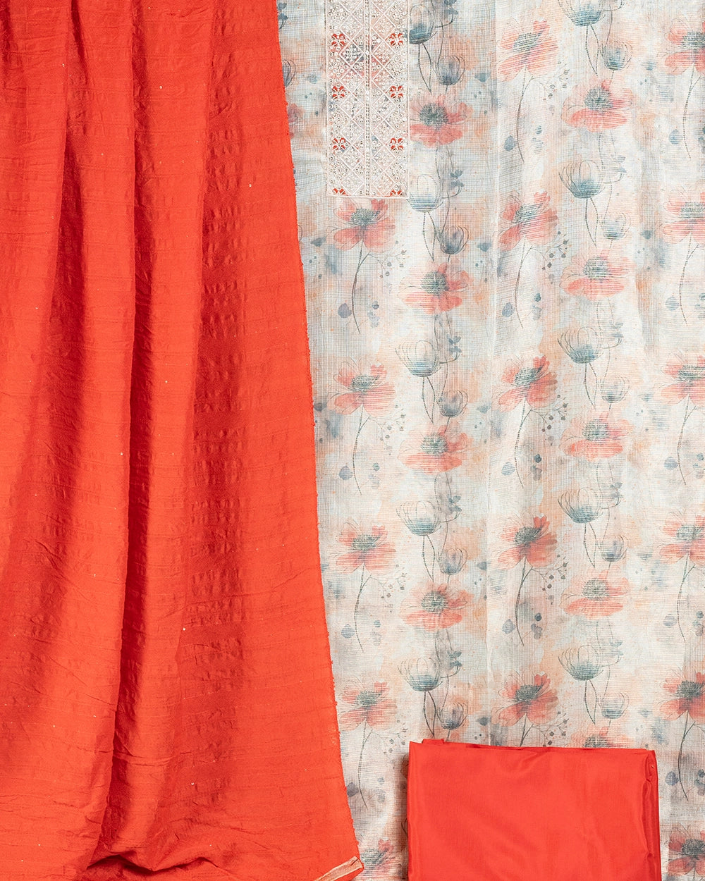 Elegant Peach & Red Printed  Chudi Material