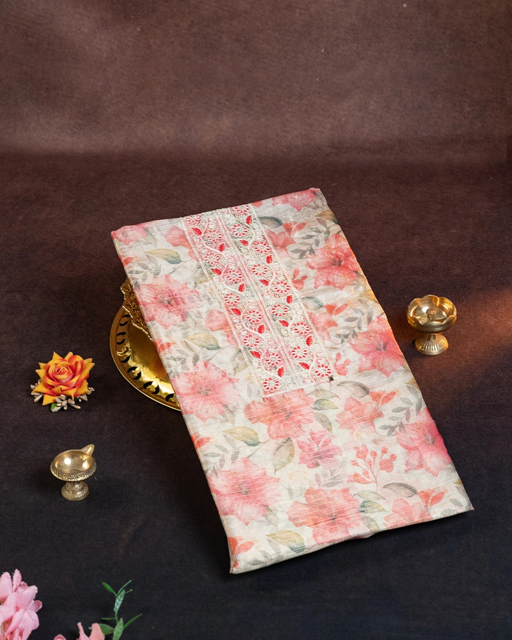 Elegant Pink & Floral Printed Chudi Material