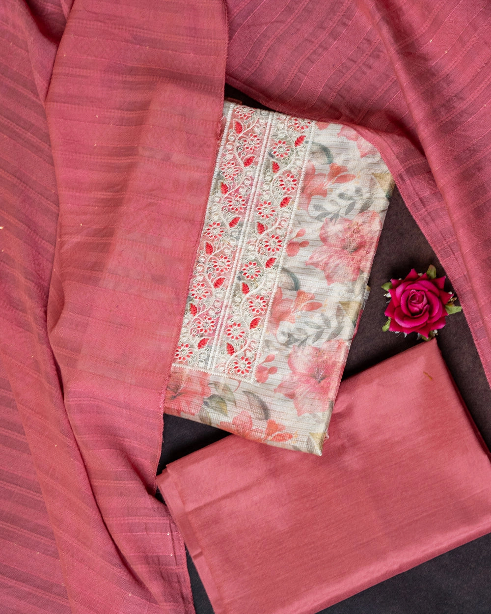 Elegant Pink & Floral Printed Chudi Material