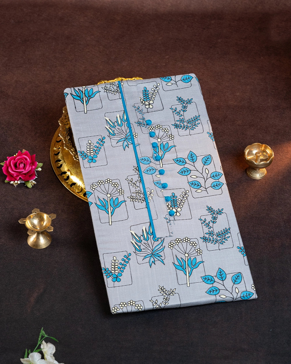 Elegant Light Grey & Teal Blue Printed Chudi Material