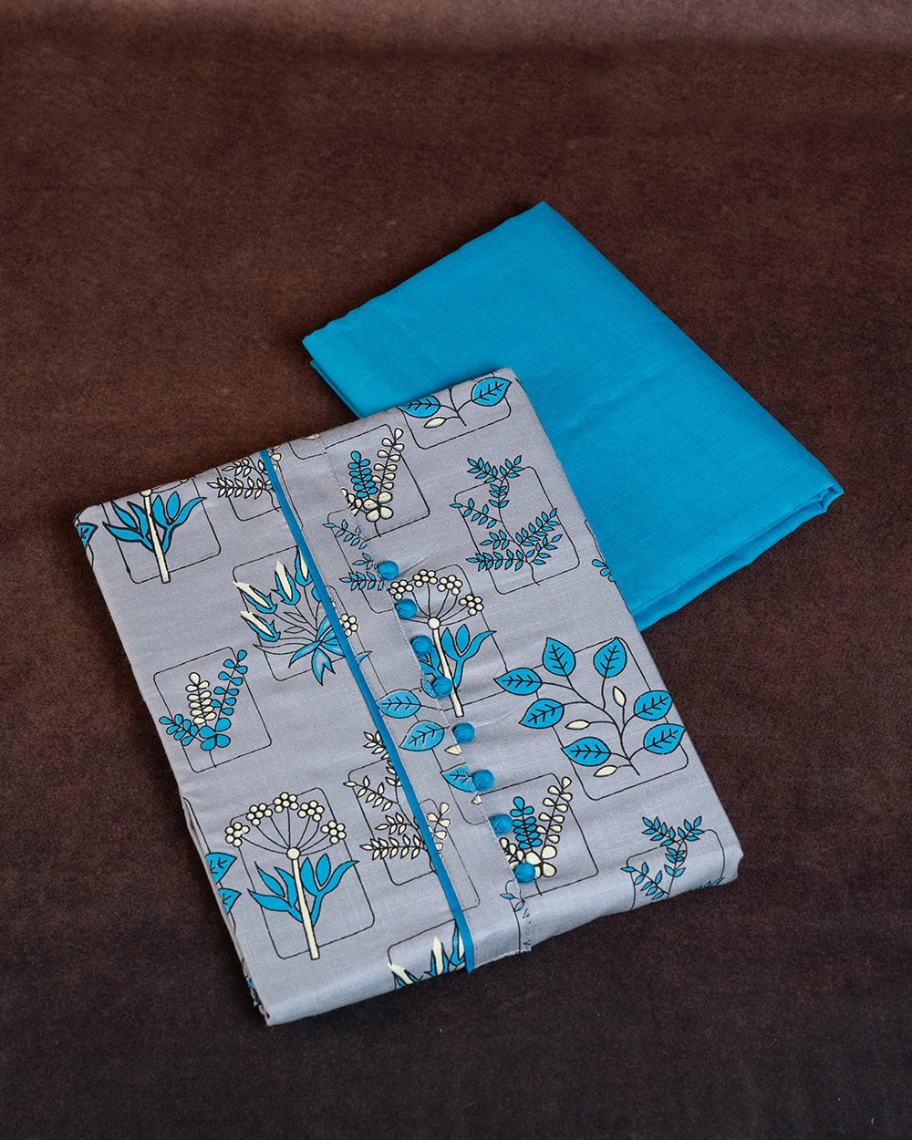 Elegant Light Grey & Teal Blue Printed Chudi Material