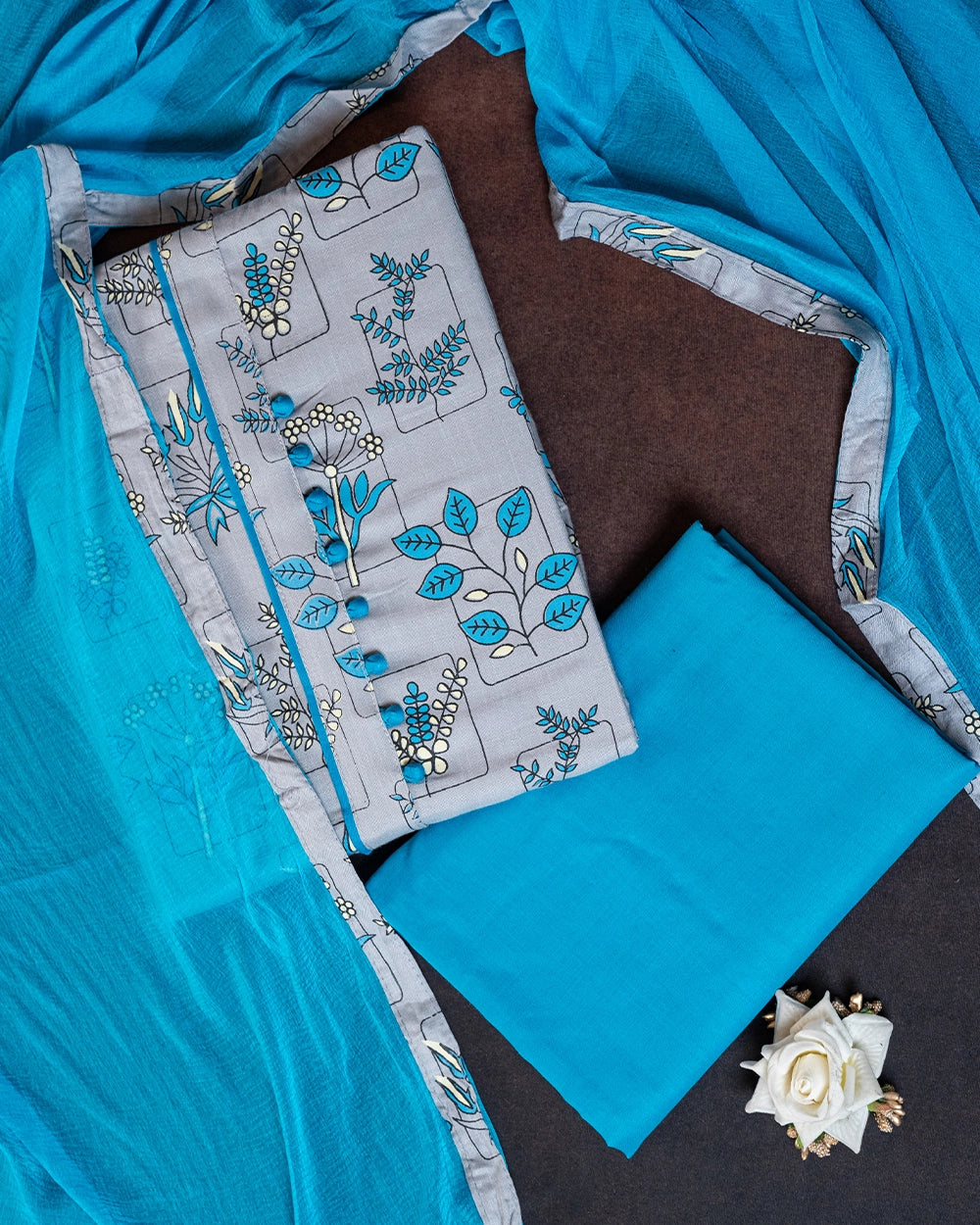 Elegant Light Grey & Teal Blue Printed Chudi Material
