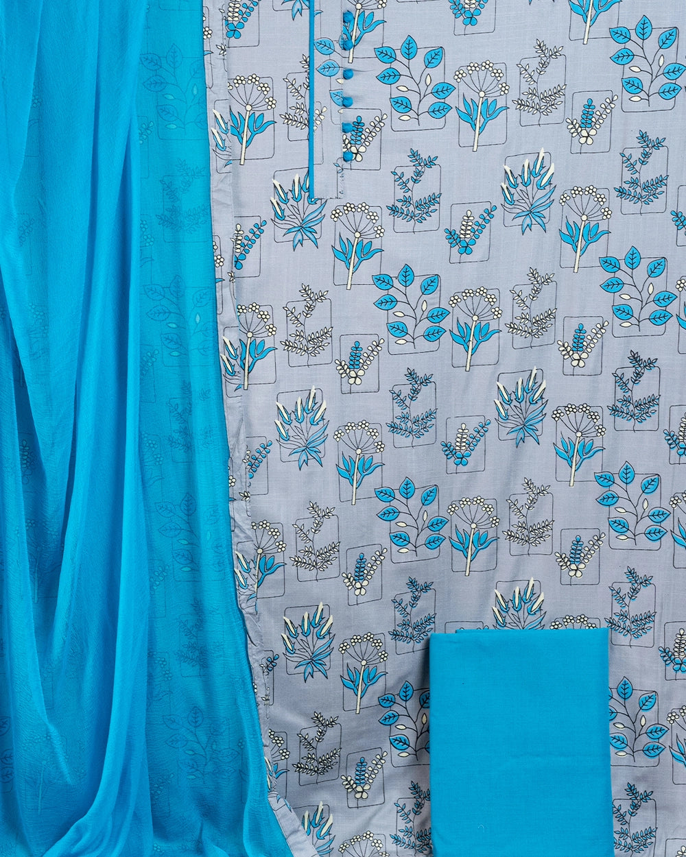 Elegant Light Grey & Teal Blue Printed Chudi Material