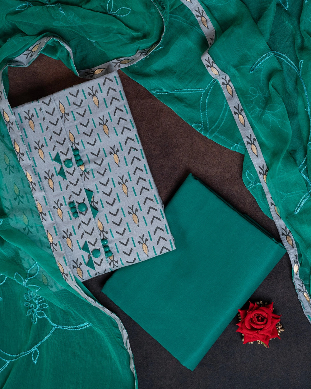 Elegant Grey &Green Chudi Material