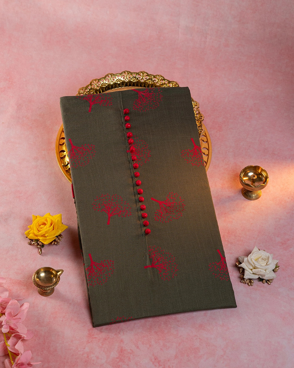 Elegant Olive Green & Red Printed Chudi Material