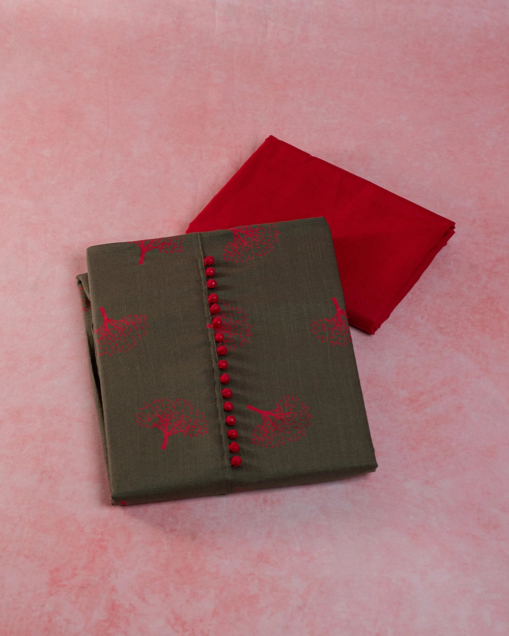 Elegant Olive Green & Red Printed Chudi Material