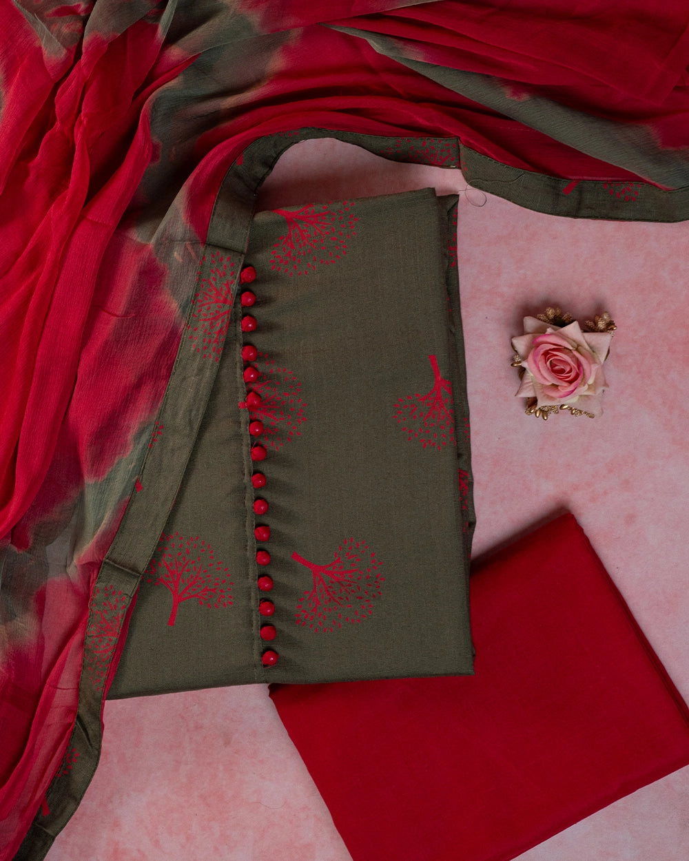Elegant Olive Green & Red Printed Chudi Material