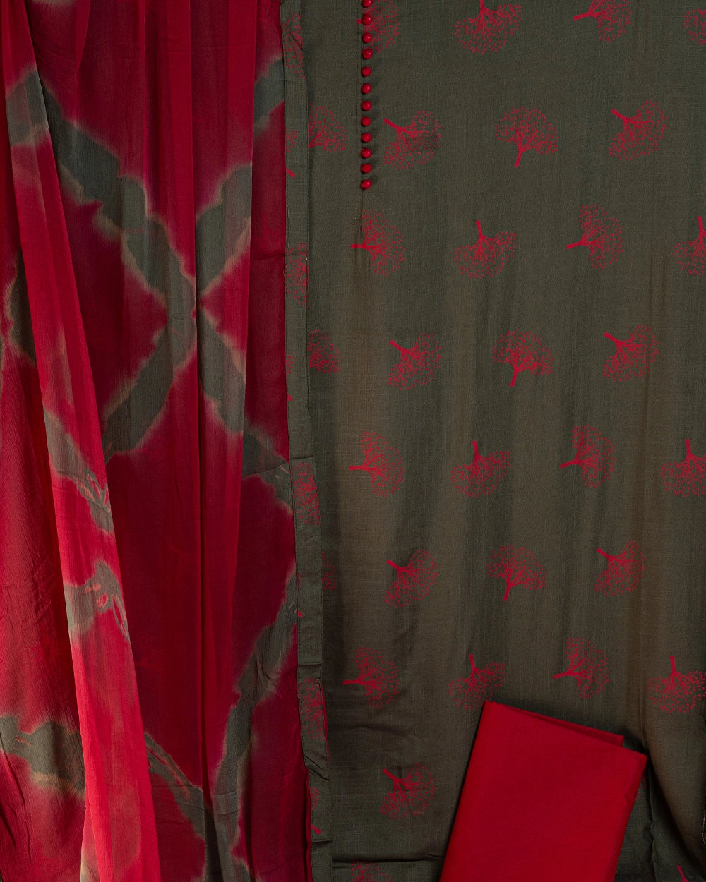 Elegant Olive Green & Red Printed Chudi Material