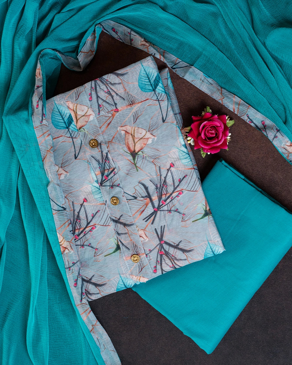 Elegant Grey & Teal Green Chudi Material