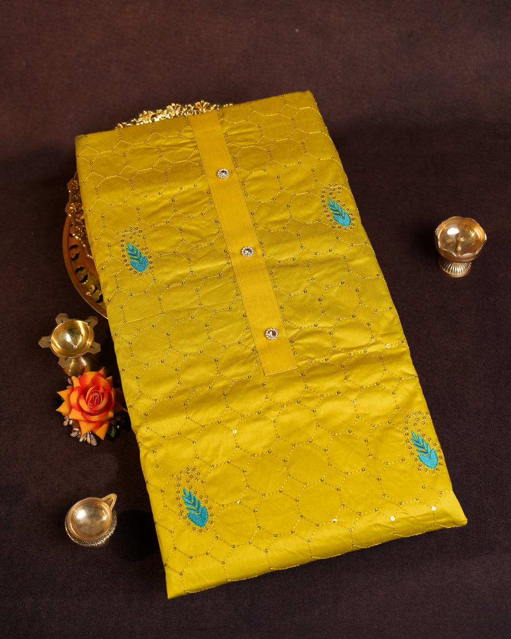 Elegant Mustard Yellow & Turquoise Blue Chudi Material