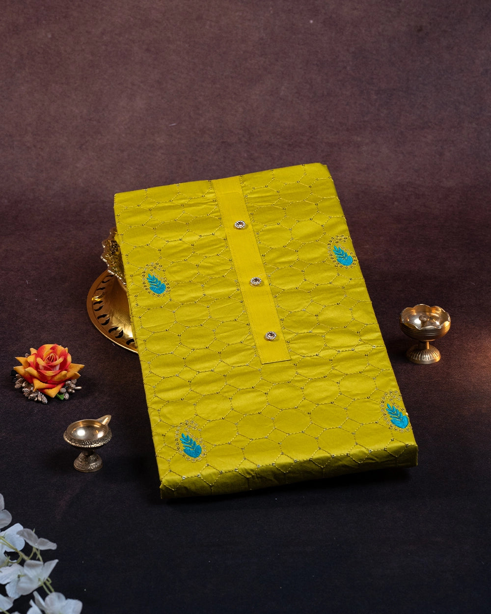 Elegant Mustard Yellow & Turquoise Blue Chudi Material