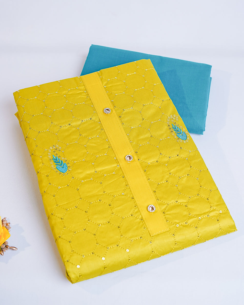 Elegant Mustard Yellow & Turquoise Blue Chudi Material