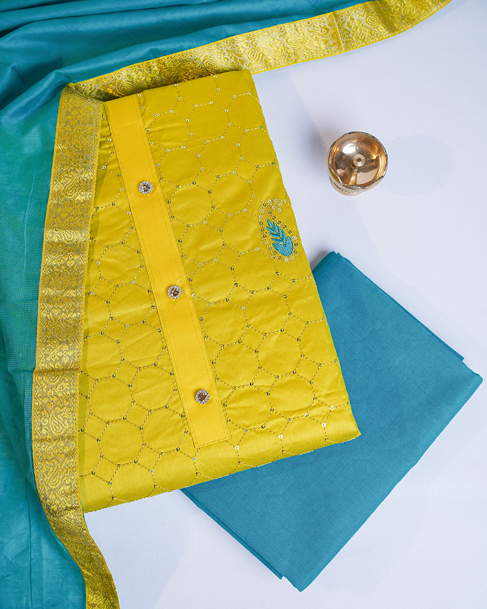 Elegant Mustard Yellow & Turquoise Blue Chudi Material