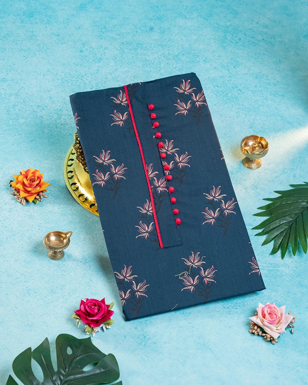 Elegant Dark grey & Red printed -Style Chudi Material