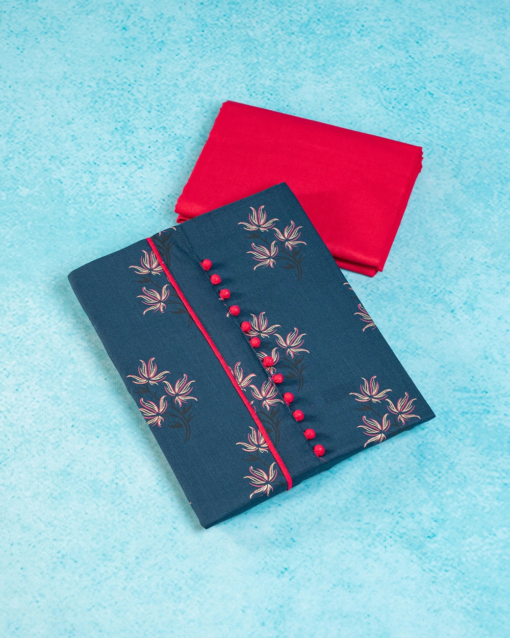 Elegant Dark grey & Red printed -Style Chudi Material