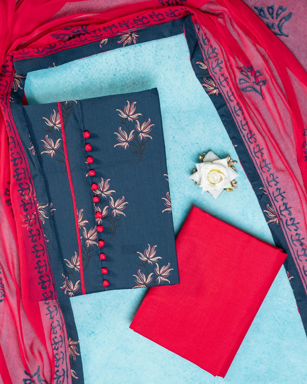 Elegant Dark grey & Red printed -Style Chudi Material
