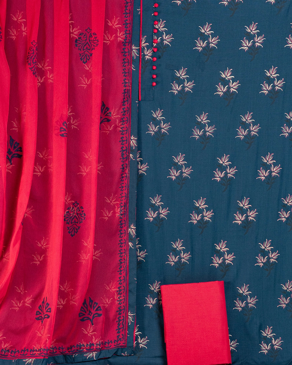 Elegant Dark grey & Red printed -Style Chudi Material