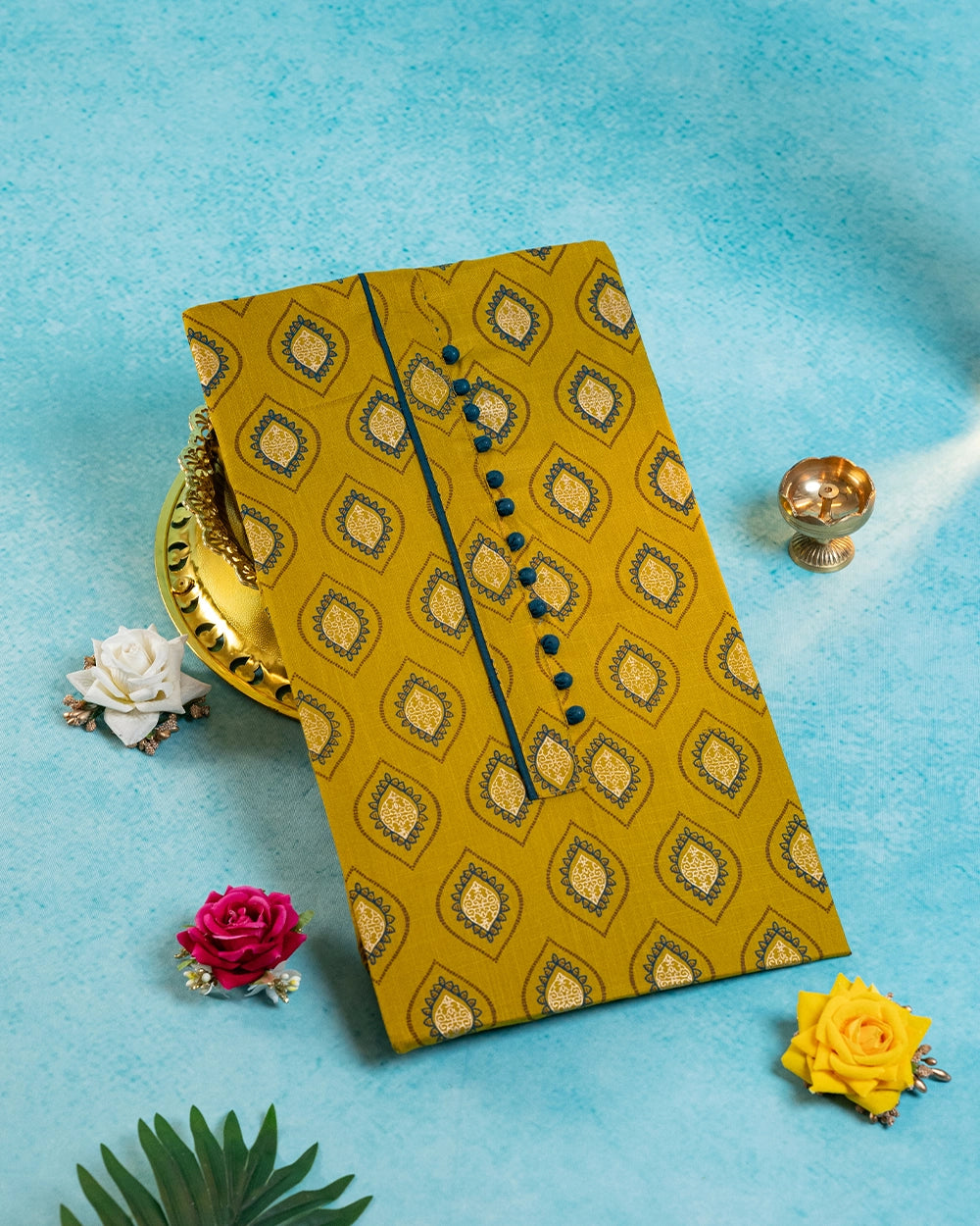 Elegant Mustard Yellow & Teal Blue Printed Chudi Material